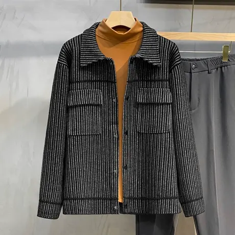 秋冬加厚毛呢外套男短款冬季翻领修身条纹针织男士呢子夹克大衣潮图片