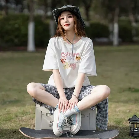 唐狮2025短袖T恤女夏季新款纯棉涂鸦卡通可爱甜美减龄小个子女装商品大图