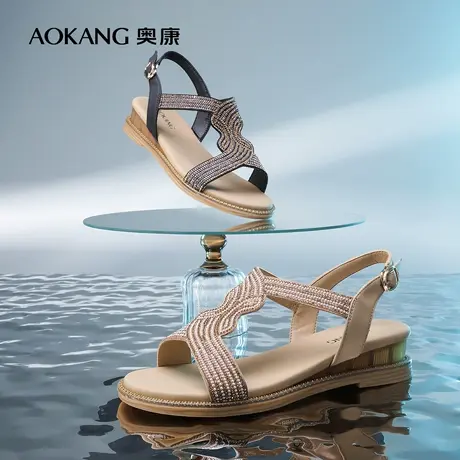 【门店发货】奥康女鞋 新款时尚休闲水钻坡跟罗马凉鞋商品大图
