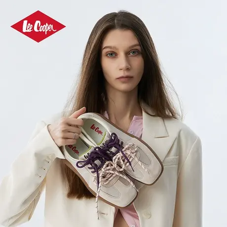 Lee Cooper复古德训鞋女2025新款真皮粉色芭蕾休闲鞋平底方头板鞋图片