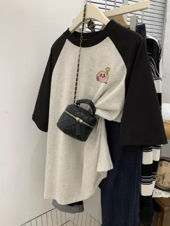 韩系插肩袖t恤女chic复古东大门休闲短袖ins潮夏纯棉大码女装上衣图片