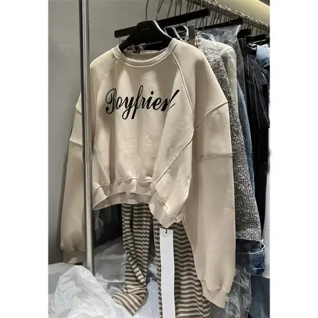 韩国东大门2023春季灰色洋气字母印花圆领宽松百搭短款卫衣女上衣图片