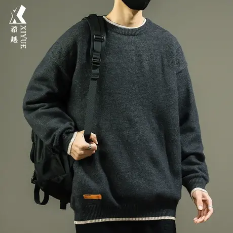 希越粗毛线圆领毛衣男2023秋季胖子大码贴布内搭针织衫上衣慵懒风图片