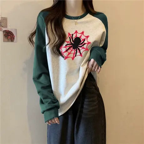 设计感小众圆领插肩袖卫衣女春秋季韩版宽松显瘦拼接长袖上衣潮商品大图