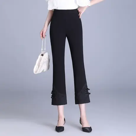 国风盘扣八分微喇裤女春夏2025新款高腰修身小个子通勤设计感裤子图片