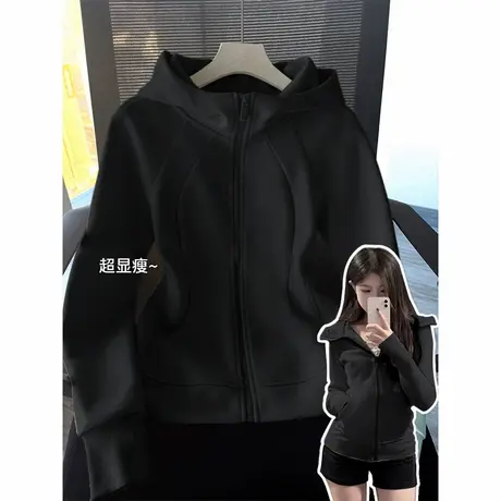 KV真维斯黑色卫衣女春秋季2025新款修身显瘦女生高级连帽开衫外套商品大图