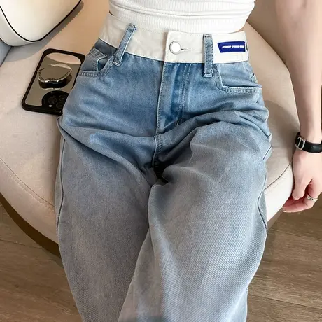 浅色阔腿牛仔裤女春秋2023年新款高腰窄版宽松显瘦撞色拼接直筒裤商品大图