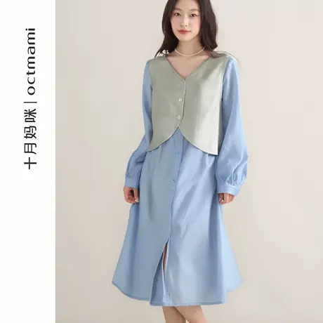 十月妈咪孕妇套装2025新款秋季外穿针织马甲衬衫连衣裙两件套秋装商品大图