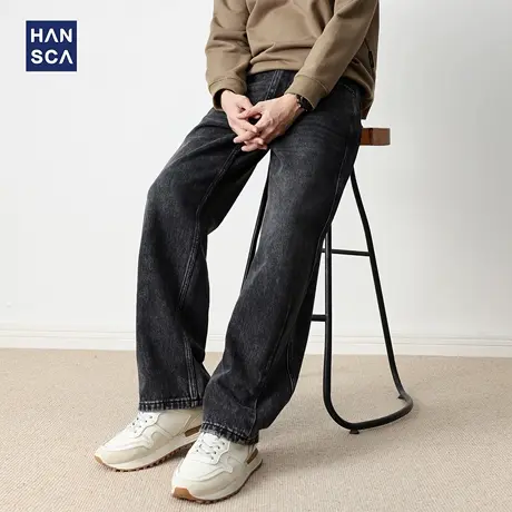 hansca黑色牛仔裤男直筒宽松2025新款秋季青少年阔腿纯棉休闲长裤商品大图
