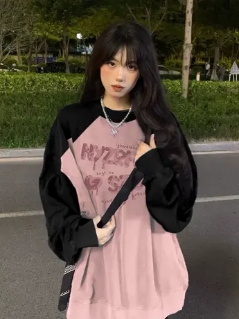 拼色插肩圆领卫衣女秋冬2023新款美式复古港风chic无帽长袖上衣潮商品大图