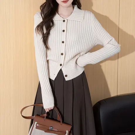 唐狮秋冬季女毛衣简约风翻领开衫显瘦高级感通勤日常百搭tu商品大图