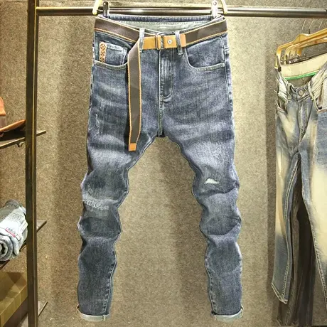 大牌小众刺绣牛仔裤男士修身小脚裤2023秋冬款潮牌磨破休闲长裤子商品大图