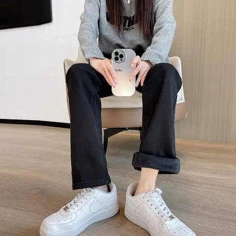 黑色加绒窄版阔腿直筒裤女2023冬季新款高腰显瘦百搭烟管牛仔裤子图片
