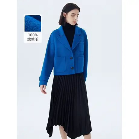 朗姿纯羊毛双面呢复古短款毛呢外套女2022年冬季新款蓝色高级感图片