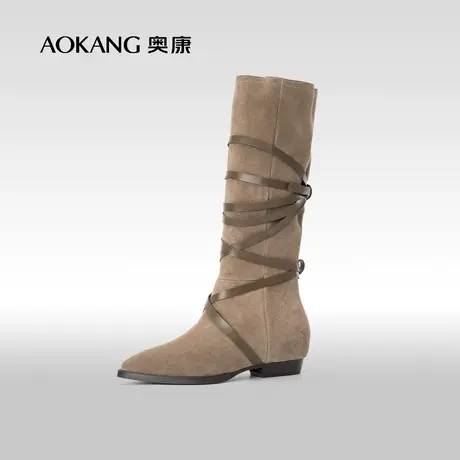 奥康女鞋 秋冬季复古牛仔西部堆堆靴时尚潮流真皮长筒靴女靴商品大图