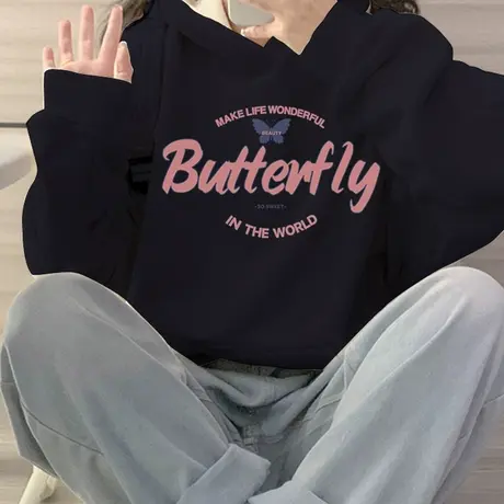 黑色卫衣女秋冬款2023年新款加绒加厚小个子上衣美式连帽外套秋季商品大图