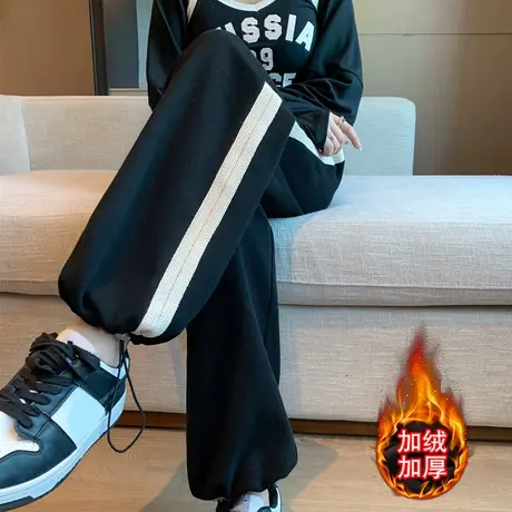 ins超火加绒加厚休闲束脚卫裤女秋冬高腰宽松bf原宿风运动阔腿裤图片