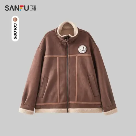三福2023冬男士可拆章仔麂皮羊羔绒夹克 宽松翻领外套男477117商品大图