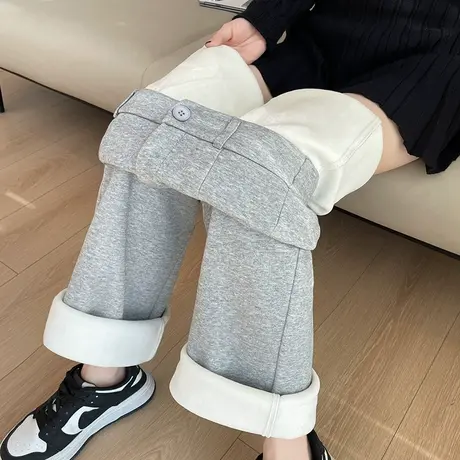灰色窄版阔腿裤女秋冬新款高腰宽松垂感显瘦休闲裤加绒加厚直筒裤图片