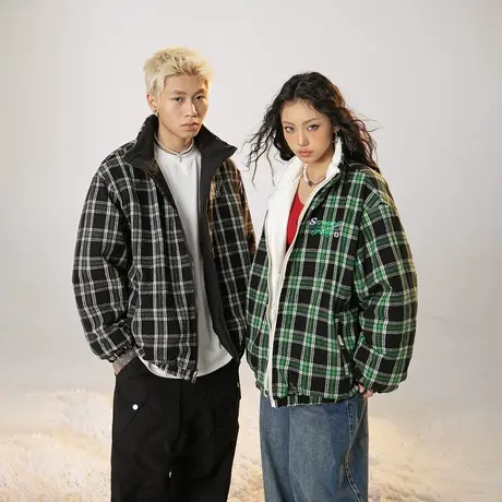 潮牌两面穿格子棉服女冬季羊羔毛外套2023新款情侣装复古宽松棉衣商品大图