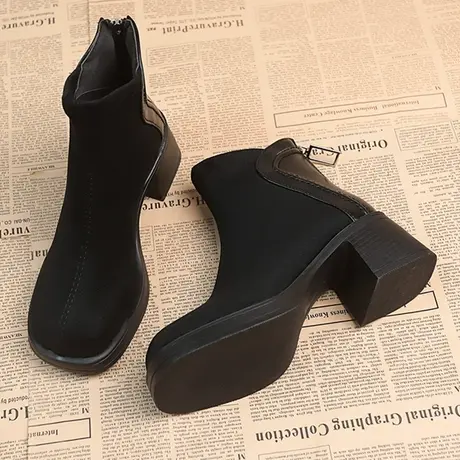 爆款秋季高跟小个子靴子女显高短靴2023新款秋冬鞋粗跟棕色马丁靴商品大图