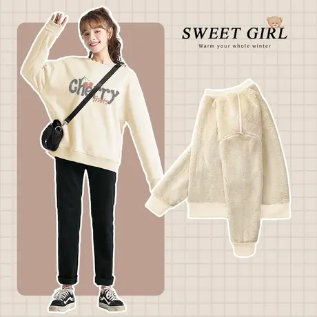 ZR真维斯卫衣2023新款女秋冬羊羔绒圆领加绒加厚美式学院风上衣服图片