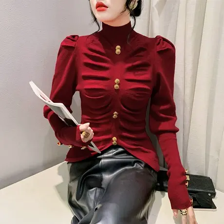 性感纽扣拼接不规则开叉下摆毛衣设计感泡泡袖上衣洋气修身打底衫商品大图