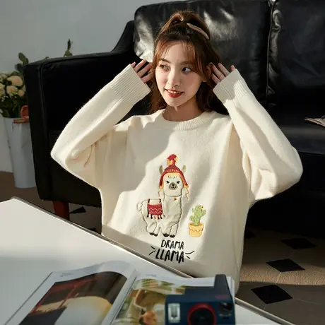 唐狮毛衣女日系慵懒复古圆领套头毛衫可爱红色毛衣早秋穿搭商品大图