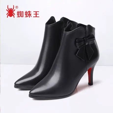 蜘蛛王清仓春季加绒保暖红色高跟及踝靴女尖头及裸靴侧拉链短靴商品大图