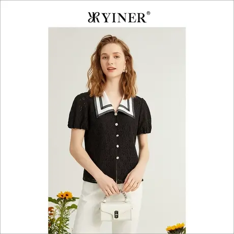 YINER音儿专柜女装2022夏季新款撞色上衣法式蕾丝polo衬衫商品大图