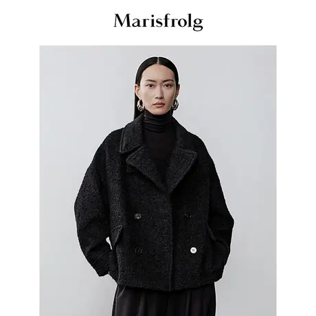 【商场同款】玛丝菲尔冬季新款黑色立领马海毛短款大衣外套商品大图