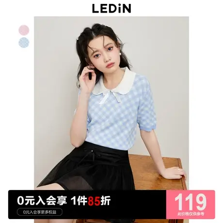 乐町甜美娃娃领短袖针织T恤女2023年夏季新款女装格纹短上衣T恤图片