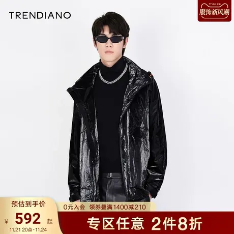 TRENDIANO秋冬男装潮牌新款时尚设计感拉链连帽风衣外套男图片