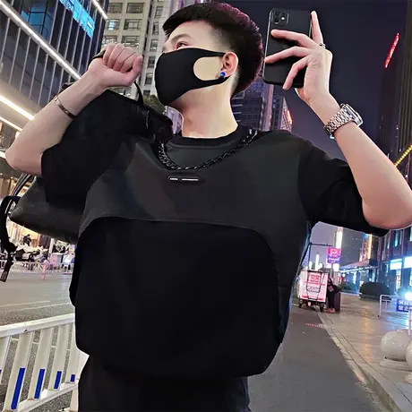 夏季设计感T恤男ins潮牌宽松短袖2023新款男装衣服潮流拼接半袖帅商品大图