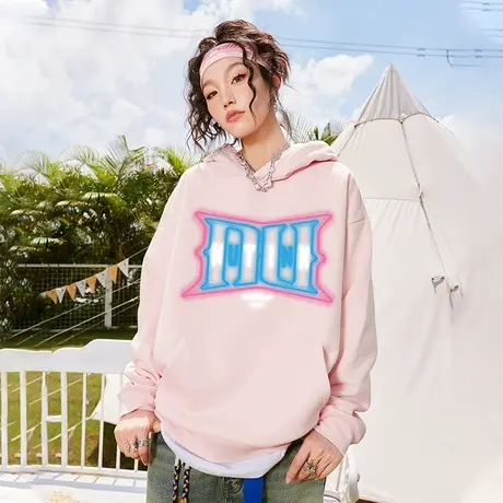 Nuthink数码直喷美式带帽粉色卫衣潮牌男冬季款2023新款宽松外套商品大图