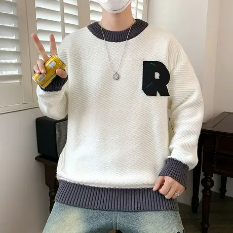 圆领毛衣男冬季潮牌宽松青少年学生针织衫男款加厚保暖羊毛衫外套商品大图