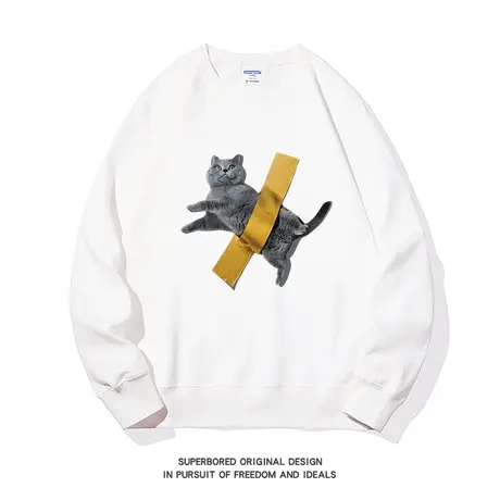 小众设计感胶带猫咪印花卫衣男2023秋冬季宽松休闲长袖上衣打底衫图片