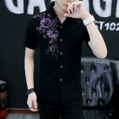 夏季薄款衬衫男士短袖印花寸衫韩版修身休闲白衬衣青年男装潮长袖商品大图