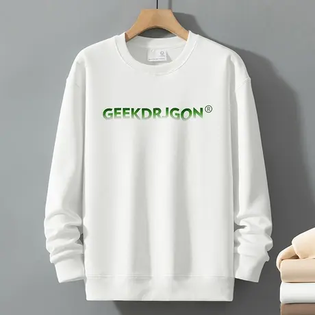 320g重磅白色卫衣男生秋冬款加绒加厚圆领无帽上衣服印花长袖t恤商品大图