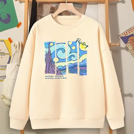 米色圆领卫衣女2023秋季新款韩系慵懒风薄款上衣宽松百搭油画外套商品大图