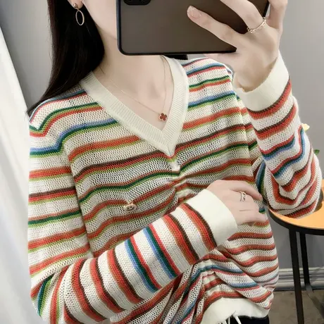 2024春季新款镂空宽松毛衣女装春秋洋气上衣条纹针织打底衫上衣潮图片