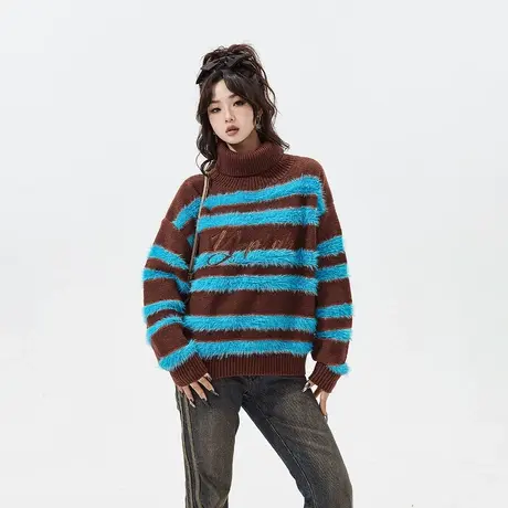 YEP韩系少女风高领条纹毛衣女春秋2024年新款复古宽松刺绣针织衫商品大图