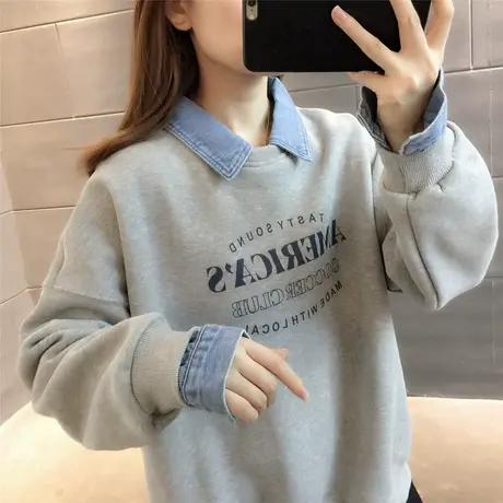 拼接卫衣假两件牛仔领2023秋冬加绒加厚韩版宽松个性上衣外套减龄图片