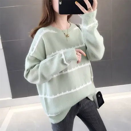 超火cec毛衣慵懒风条纹针织衫女秋季新款韩版潮宽松学生上衣商品大图