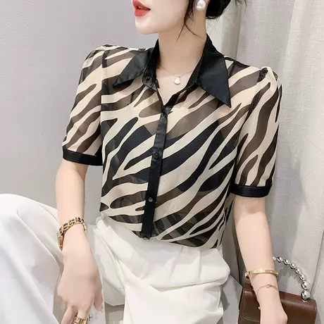 性感雪纺衬衫女短袖欧货休闲气质遮肚显瘦小衫夏装斑马纹印花上衣图片