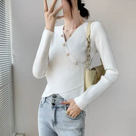 V领修身显瘦上衣女2023早春纯色单排扣设计欧货设计感小众针织衫商品大图