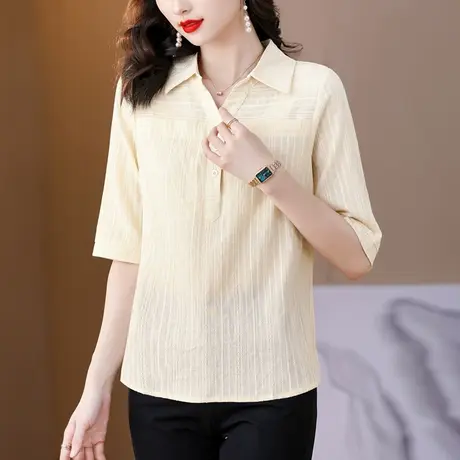 漂亮减龄中袖纯棉衬衫2023夏季新款宽松显瘦高端时尚女士薄款小衫图片