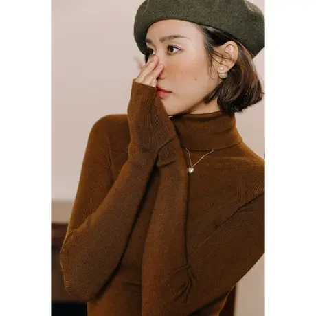 【含绵羊毛】弥古棕色高领针织打底衫女春秋长袖毛衣内搭打底上衣商品大图