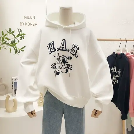 短款高腰上衣2022早春新款韩国东大门ins印花连帽卫衣显瘦显腿长商品大图