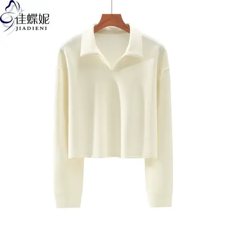 秋冬新款韩版宽松短款空气棉纯色翻领上衣长袖体恤卫衣内搭女装图片